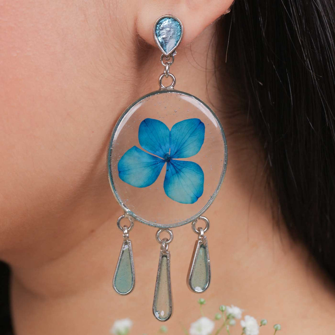 Handmade Preserved Flower Azure Hydrangea Chandelier Brass Earrings