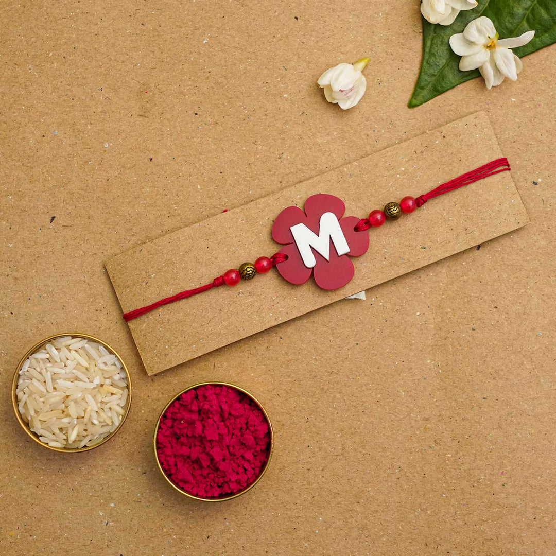 Personalized Handmade Alphabet Flower Acrylic Rakhi With Roli Chawal