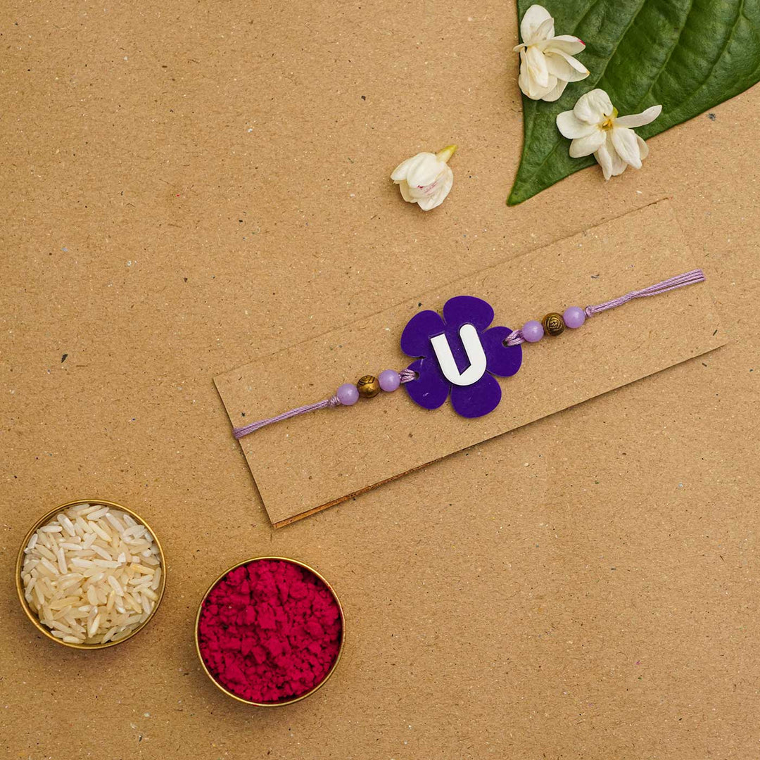 Personalized Handmade Alphabet Flower Acrylic Rakhi With Roli Chawal