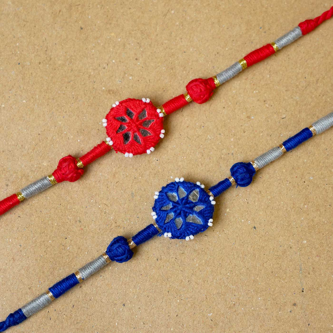 Handmade Mirror Work Patwa Blue-Red Cotton Rakhi  With Roli Chawal | Set of 2