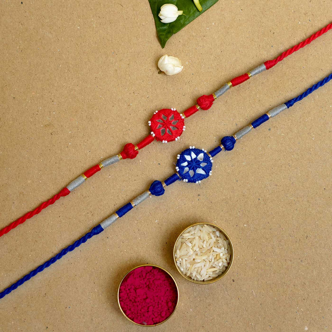 Handmade Mirror Work Patwa Blue-Red Cotton Rakhi  With Roli Chawal | Set of 2