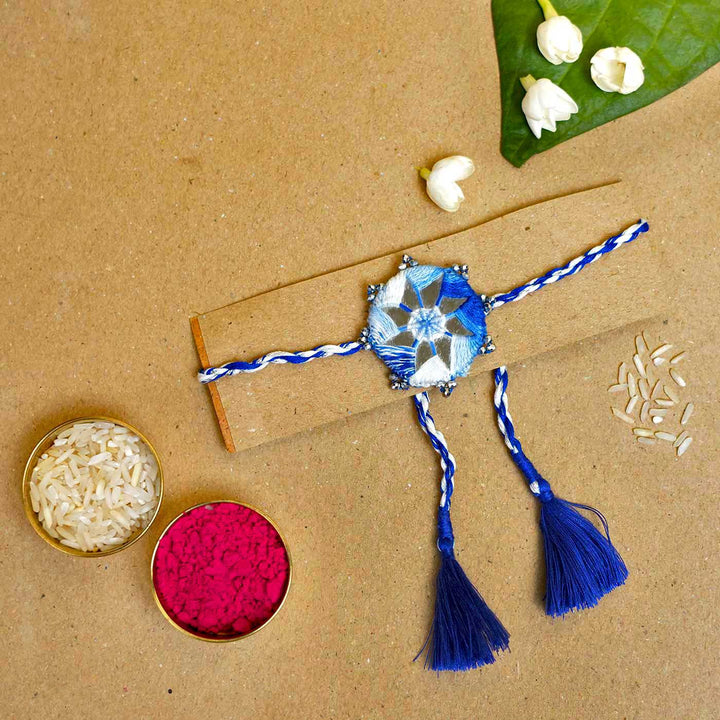 Handmade Mirror Work Kaanha Ombre Blue Cotton Rakhi  With Roli Chawal