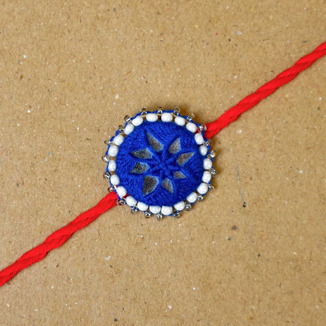 Handmade Mirror Work Kajal Blue-Red Rakhi  With Roli Chawal