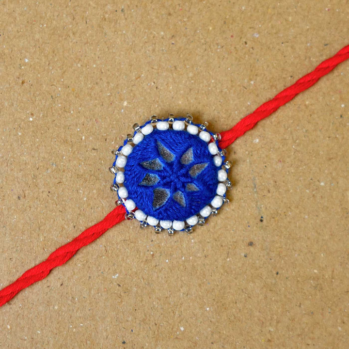 Handmade Mirror Work Kajal Blue-Red Rakhi  With Roli Chawal