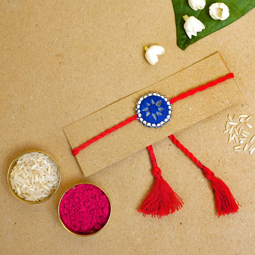 Handmade Mirror Work Kajal Blue-Red Rakhi  With Roli Chawal