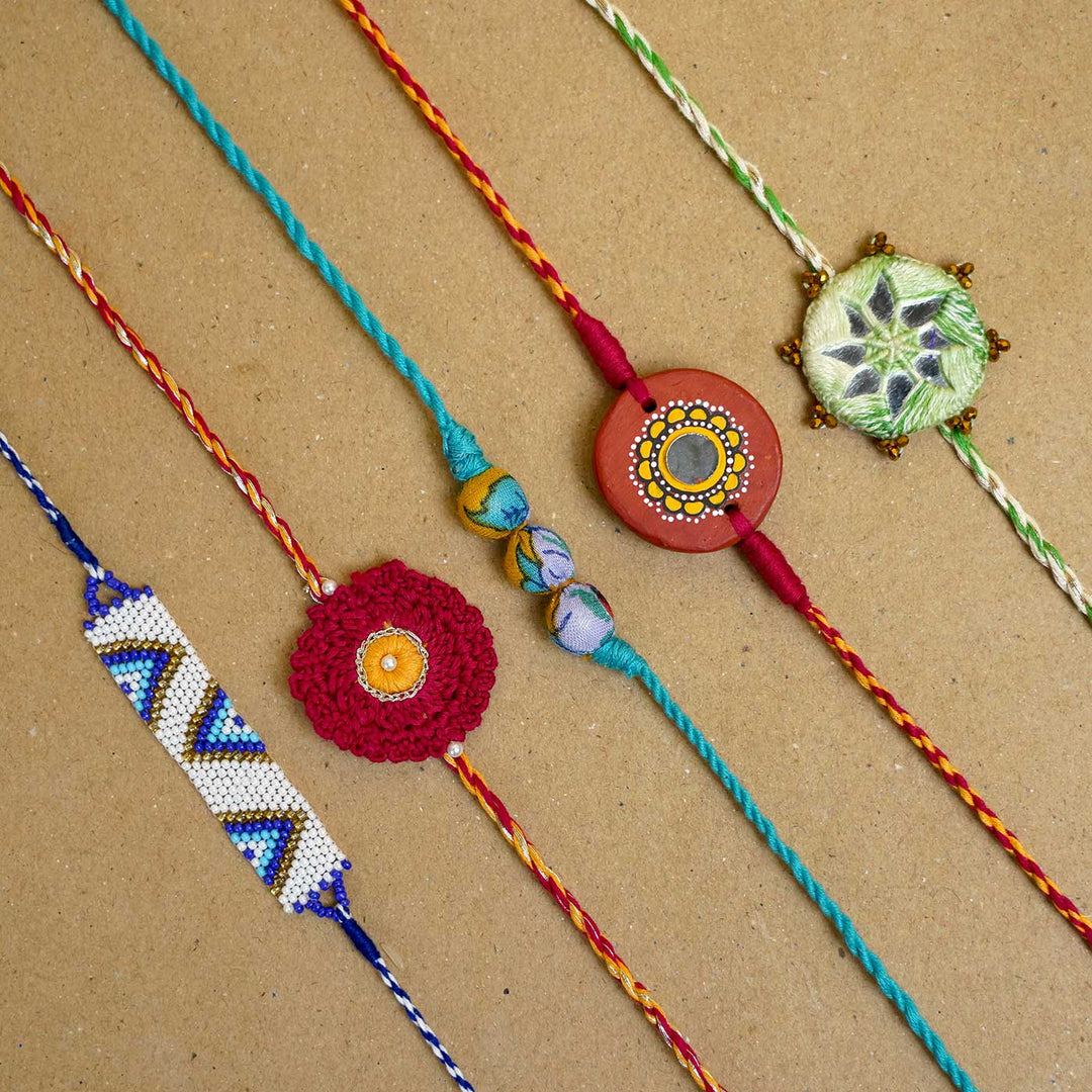 Handmade Mirror Work Kaanha Assorted Colours Cotton Rakhi  With Roli Chawal | Set of 3