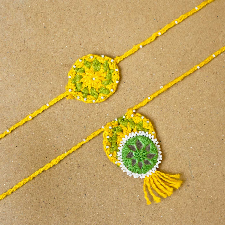 Handmade Crochet Mirror Blossom Bhaiya Bhabhi Rakhi With Roli Chawal | Set of 2