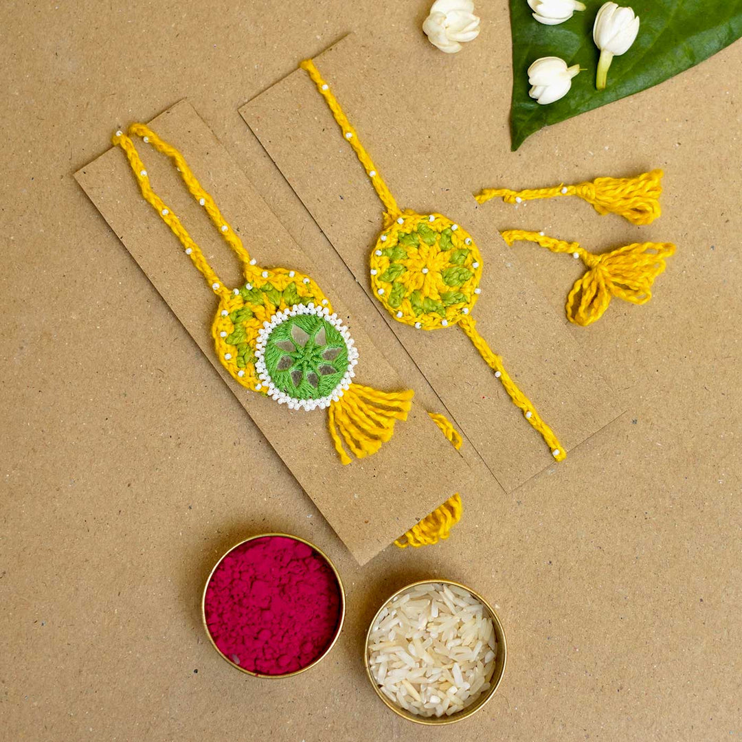 Handmade Crochet Mirror Blossom Bhaiya Bhabhi Rakhi With Roli Chawal | Set of 2