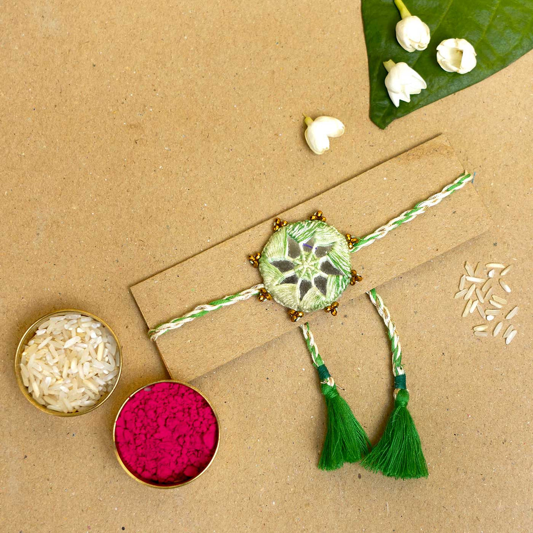 Handmade Mirror Work Kaanha Ombre Green Cotton Rakhi  With Roli Chawal