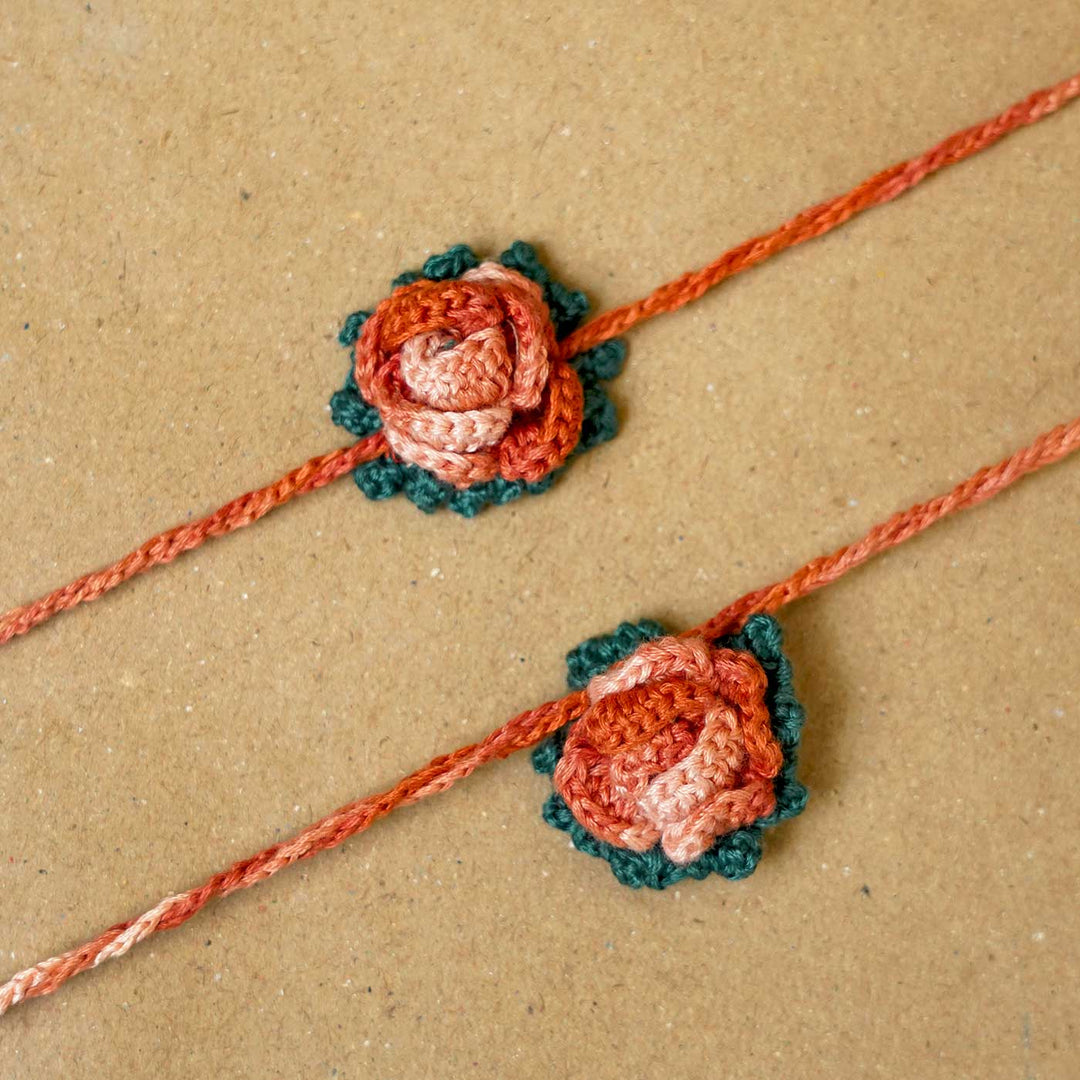 Handmade Crochet Rosette Bhaiya Bhabhi Rakhi With Roli Chawal | Set of 2