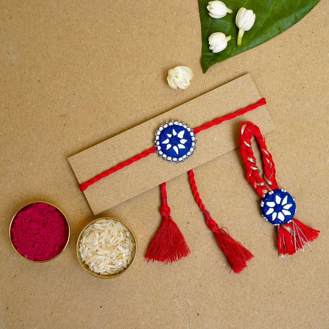 Handmade Mirror Work Kajal Blue-Red Bhaiya Bhabhi Rakhi With Roli Chawal | Set of 2