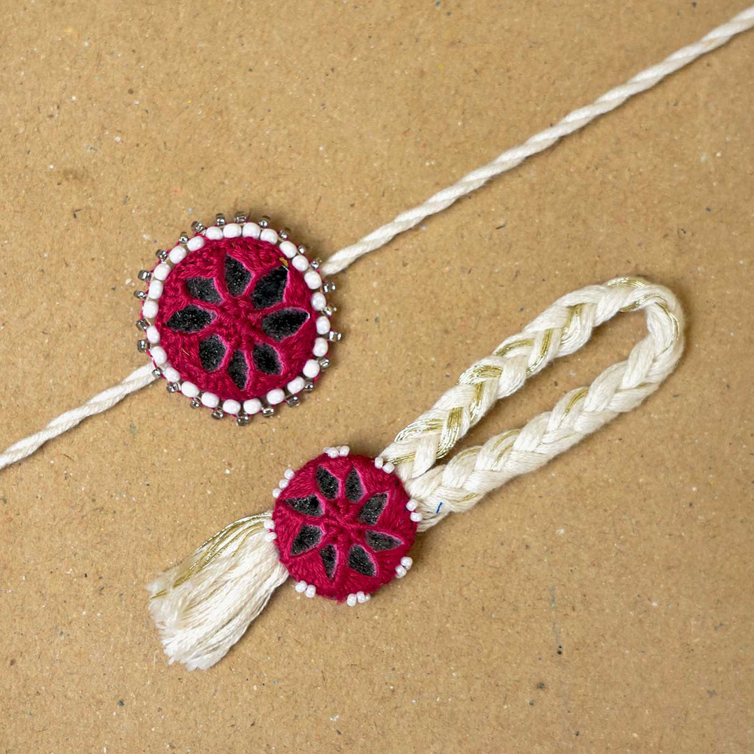 Handmade Mirror Work Kajal Maroon-White Bhaiya Bhabhi Rakhi With Roli Chawal | Set of 2