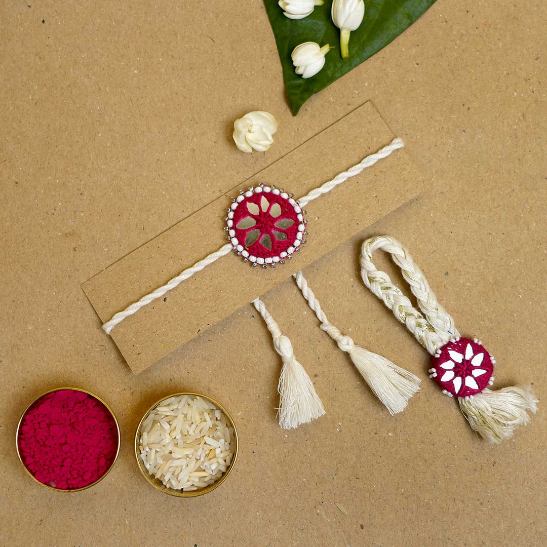 Handmade Mirror Work Kajal Maroon-White Bhaiya Bhabhi Rakhi With Roli Chawal | Set of 2