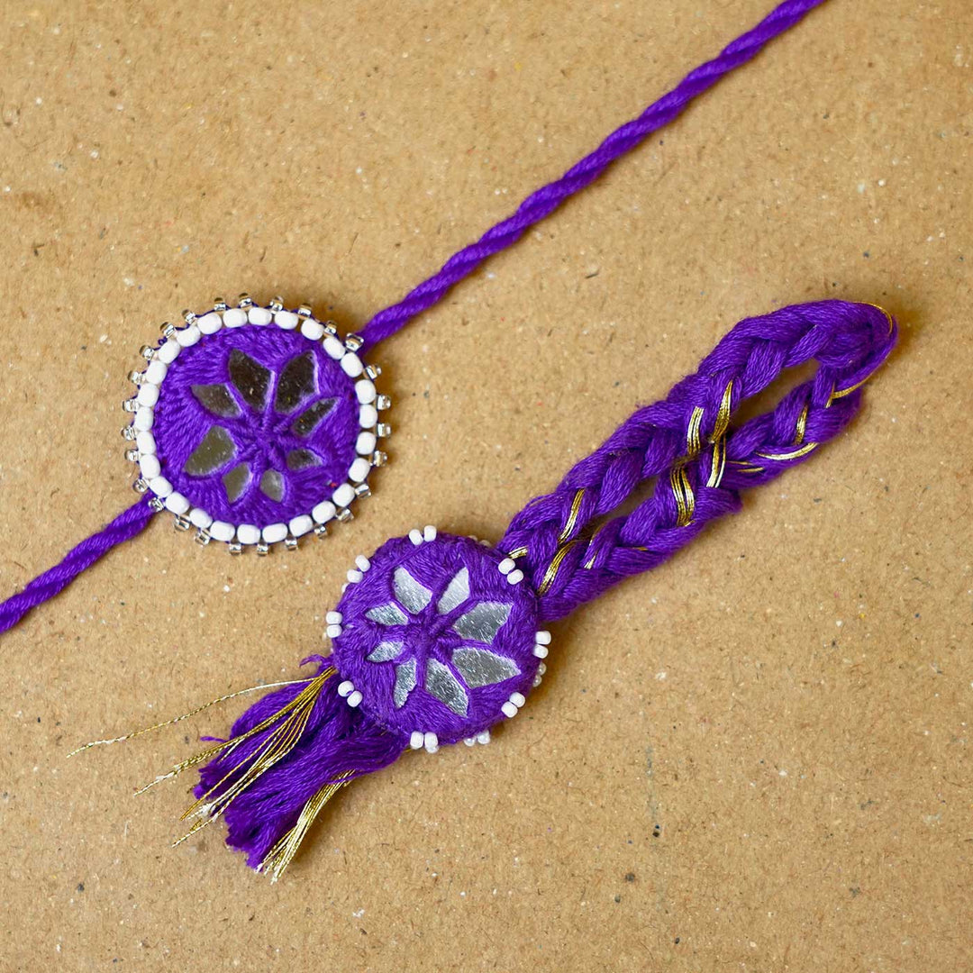 Handmade Mirror Work Kajal Purple Bhaiya Bhabhi Rakhi With Roli Chawal | Set of 2