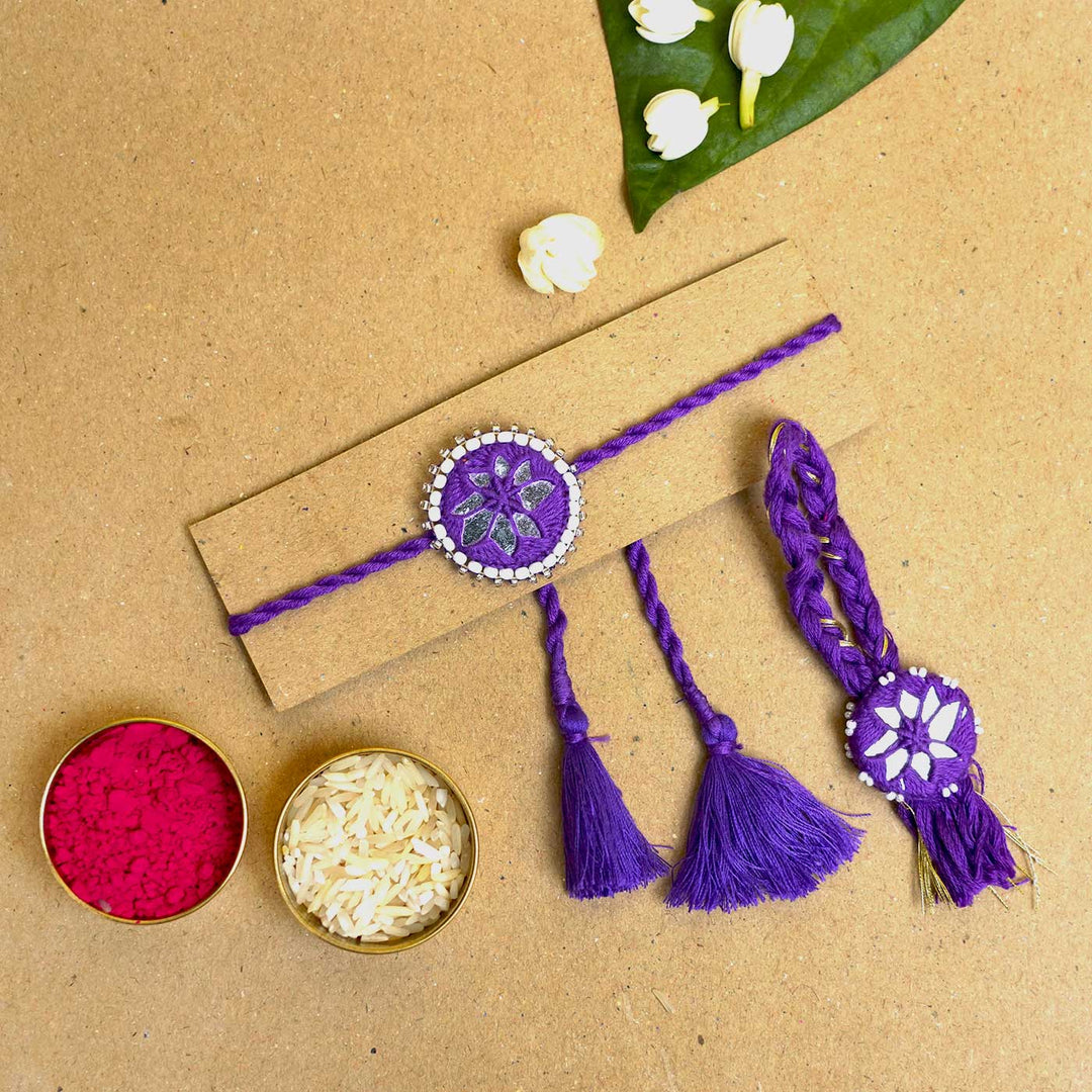 Handmade Mirror Work Kajal Purple Bhaiya Bhabhi Rakhi With Roli Chawal | Set of 2