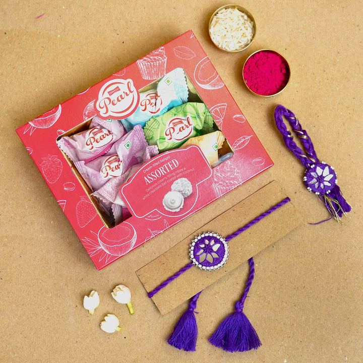 Handmade Mirror Work Kajal Purple Bhaiya Bhabhi Rakhi With Roli Chawal | Set of 2