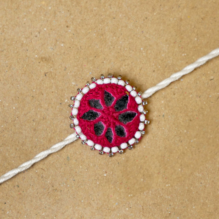 Handmade Mirror Work Kajal Maroon-White Cotton Rakhi  With Roli Chawal