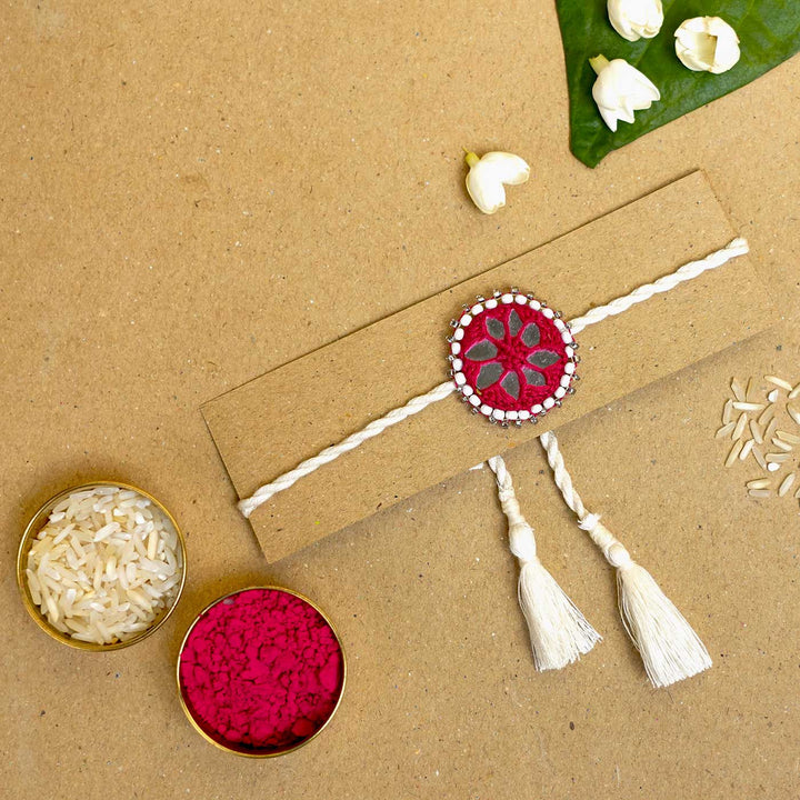 Handmade Mirror Work Kajal Maroon-White Cotton Rakhi  With Roli Chawal