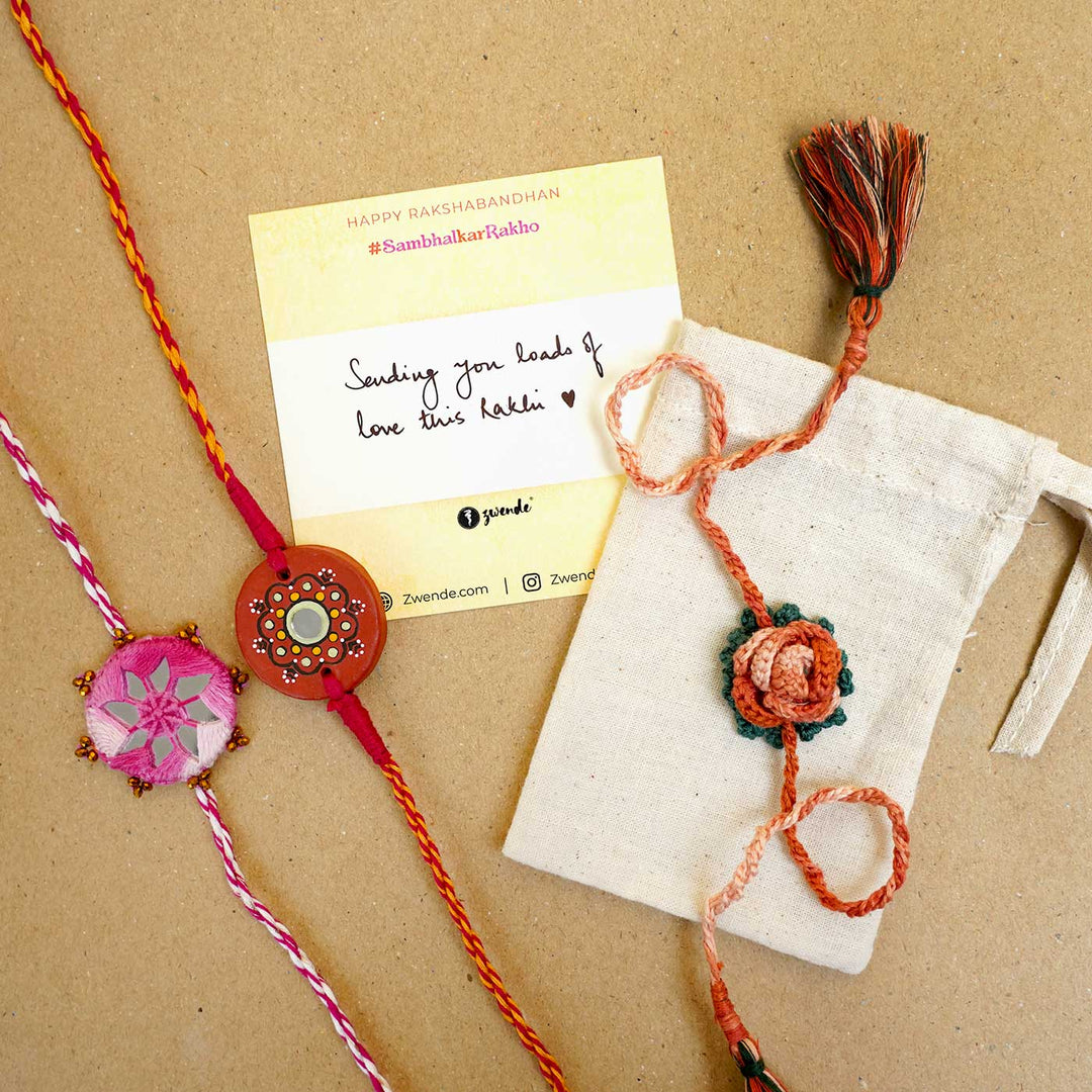 Handmade Crochet Tulip Delight Rakhi With Roli Chawal