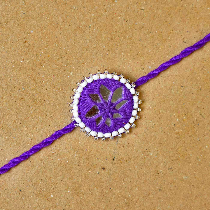 Handmade Mirror Work Kajal Purple Rakhi  With Roli Chawal