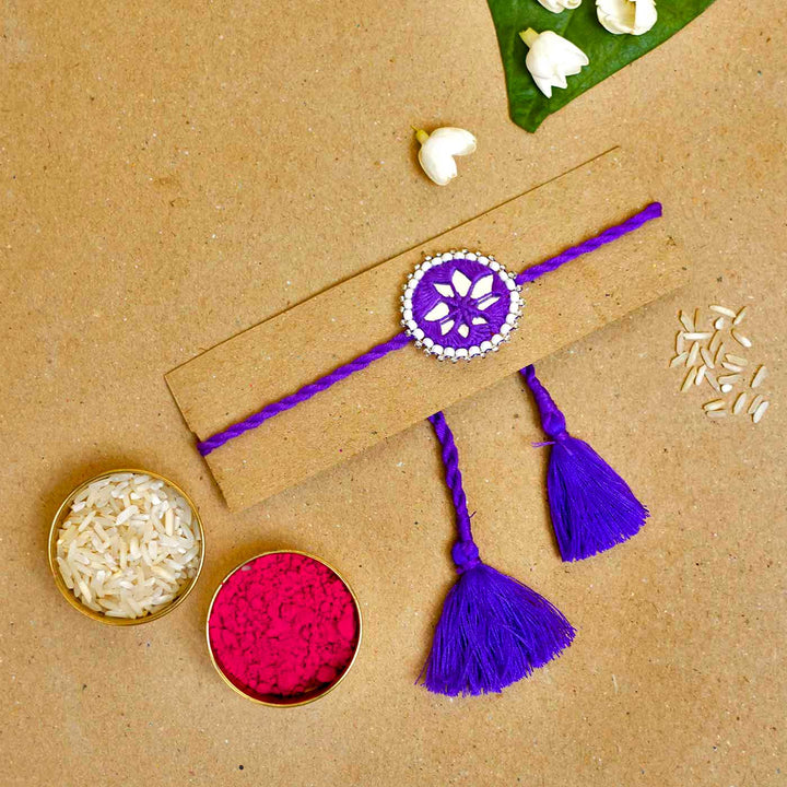 Handmade Mirror Work Kajal Purple Rakhi  With Roli Chawal