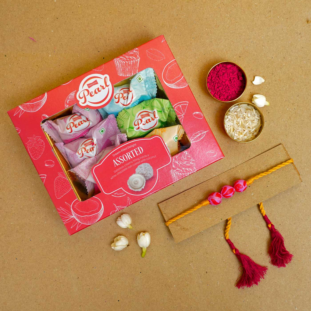 Handmade Pink & Yellow Potli Upcycled Fabric Rakhi With Roli Chawal