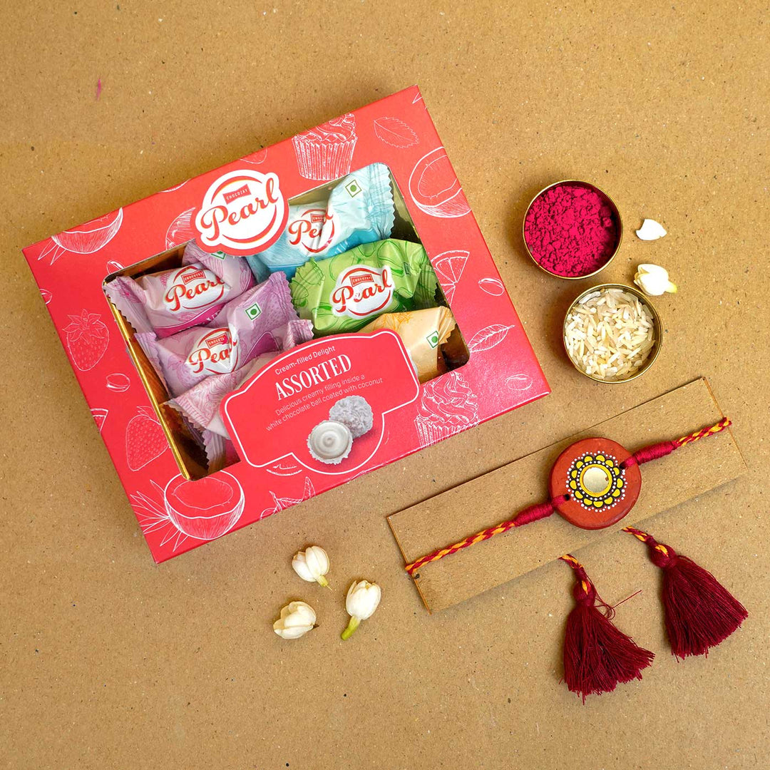 Hand-painted Suraj Terracotta Rakhi  With Roli Chawal