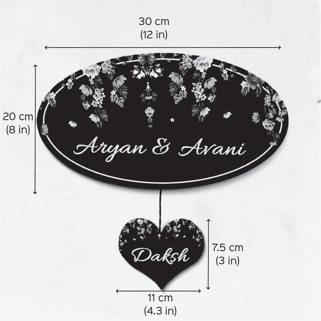 Printed Black Floral Wooden Oval Nameplate For Family