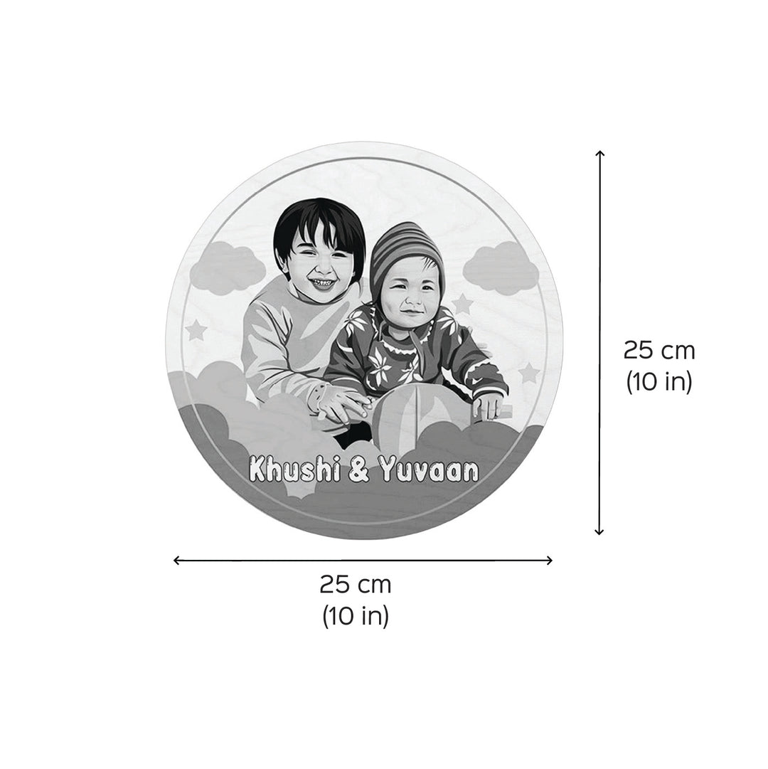 Photo Personalized Kids Circular Characters Wooden Nameplate For Siblings