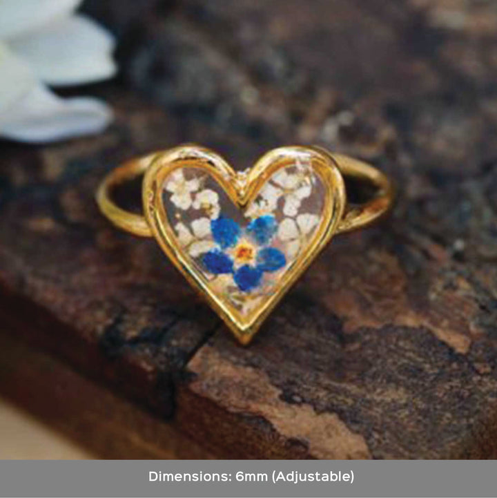 Handmade Preserved Flower Heart Shaped Serene Love Brass Ring