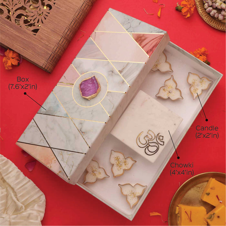 Handmade Marble Om Square Pooja Chowki With Metal Votive Candle | Set Of 7