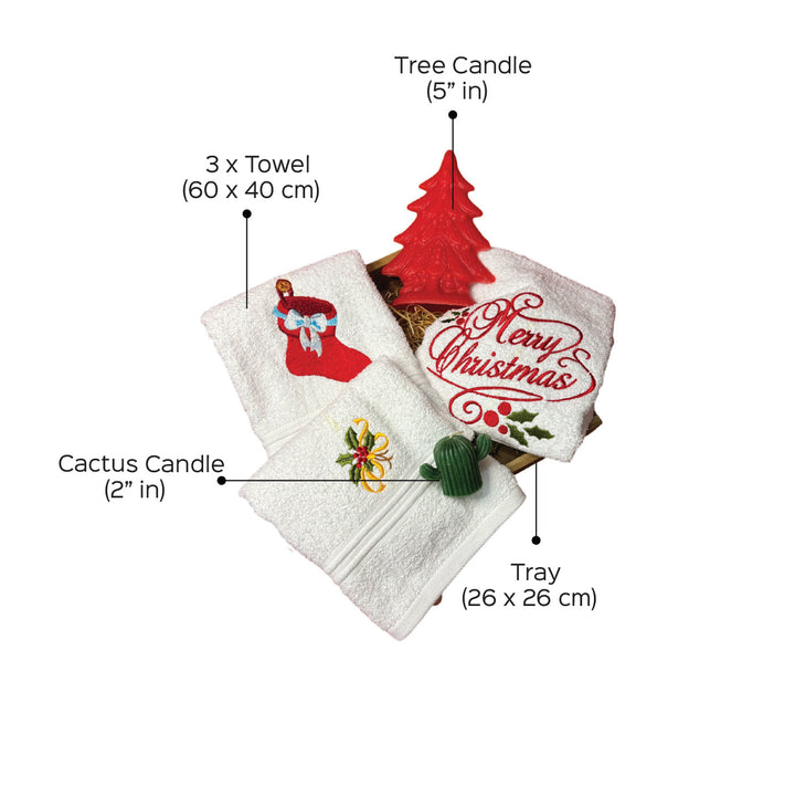 Personalized Stocking, Merry Christmas & Holly Leaves Embroidered Towel & Candle Hamper | Xmas Gifting Ideas | Set Of 6