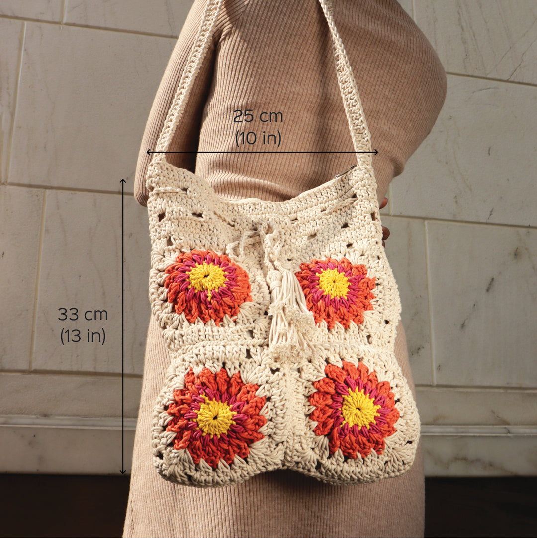 Handmade Crochet Floral Patch Shoulder Bag