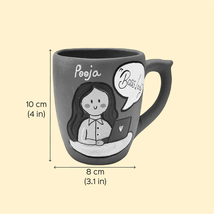 Handpainted Personalised 3D Terracotta Mug with Fashion Designer Avatar Illustrations and Quote