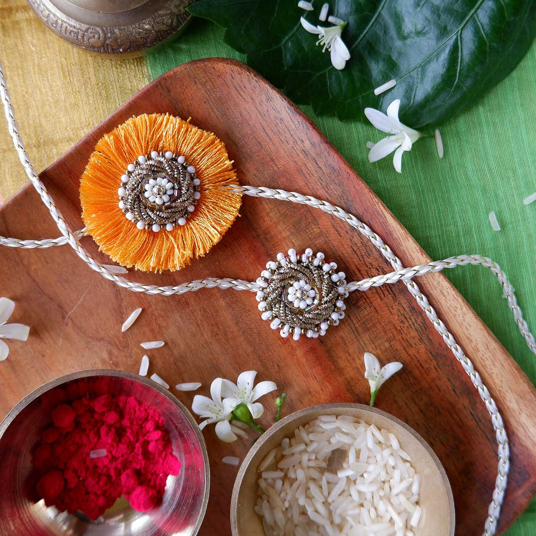 Handmade Zardozi Mustard & White Bead Work Bhaiya Bhabhi Rakhi With Wooden Box & Roli Chawal | Set of 2