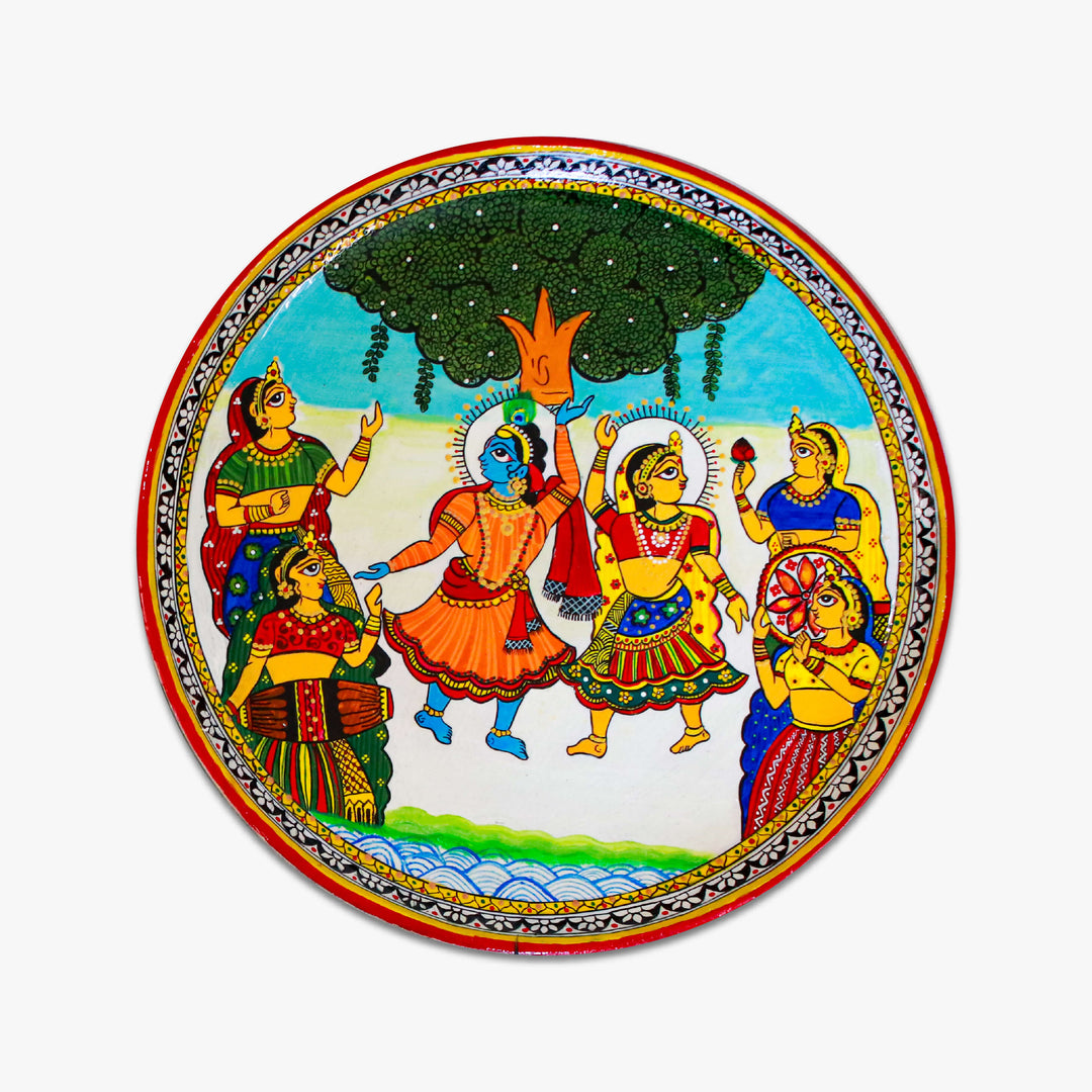 Handpainted Wooden Wall Plate With Radha Krishna Artwork - Set Of 2