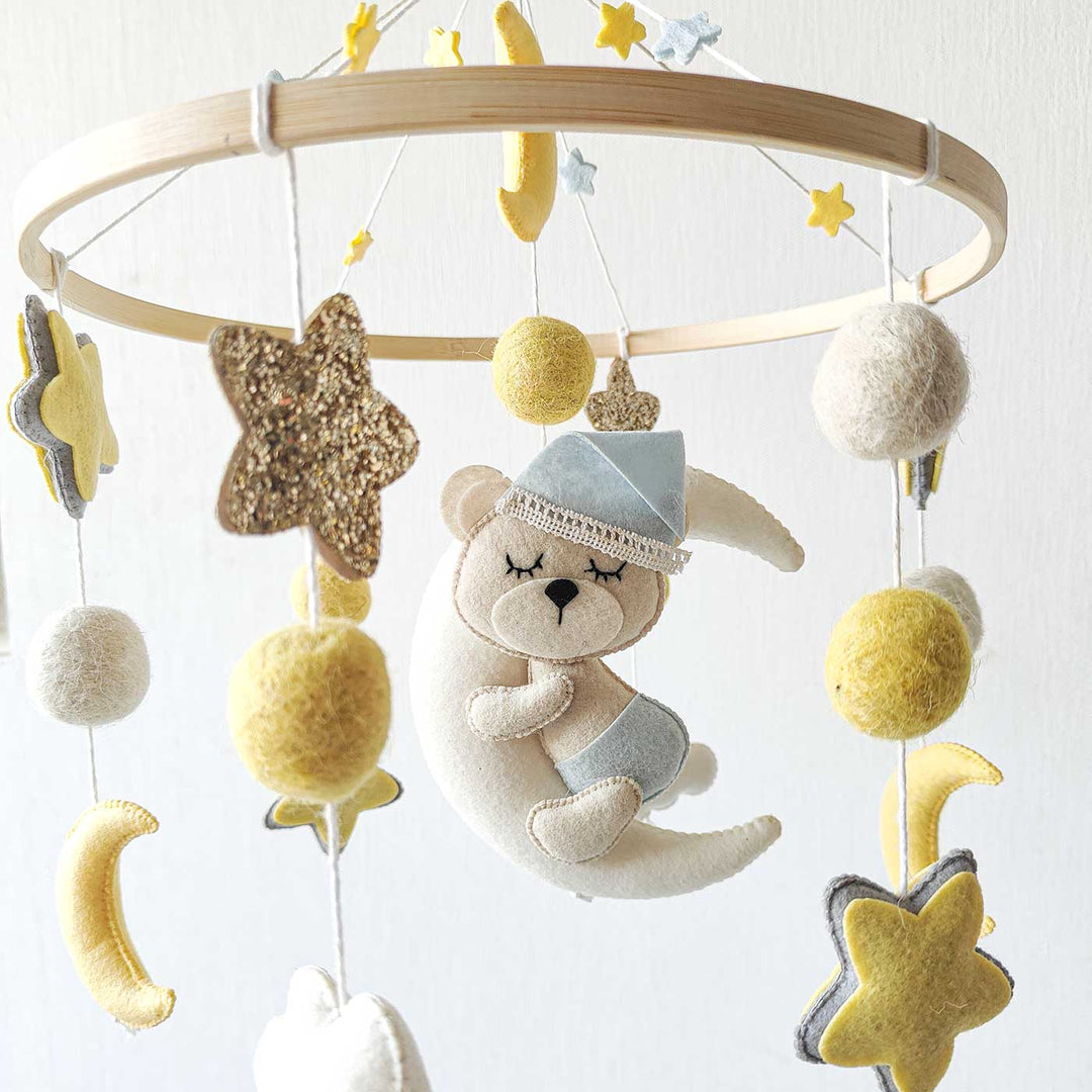 Personalized Handmade Dreaming Teddy Bear Felt Cot Mobile For Newborns