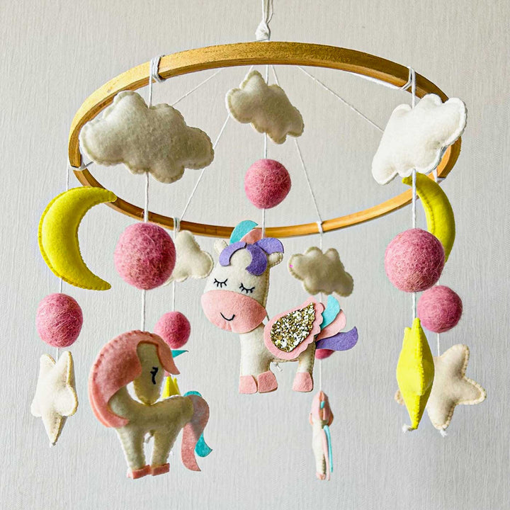 Personalised Handmade Dreamy Unicorn Felt Cot Mobile For Newborns