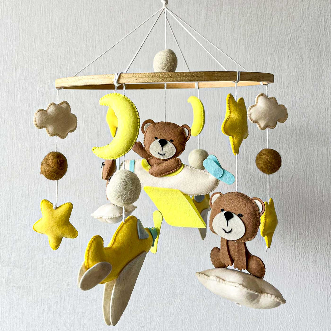 Personalised Handmade Teddy'S Sky Adventure Felt Cot Mobile For Newborns