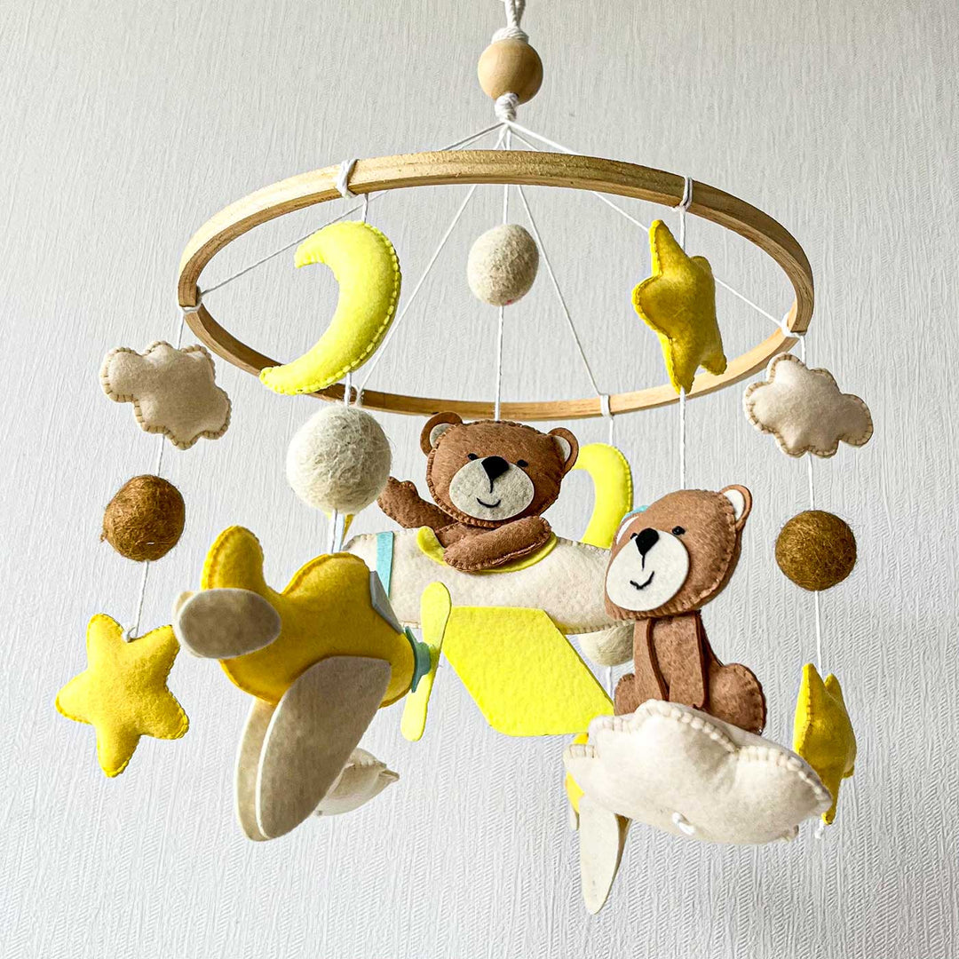 Personalised Handmade Teddy'S Sky Adventure Felt Cot Mobile For Newborns