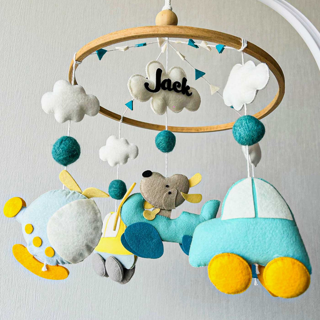 Personalised Handmade Wings & Wheels Wonderland Felt Cot Mobile For Newborns