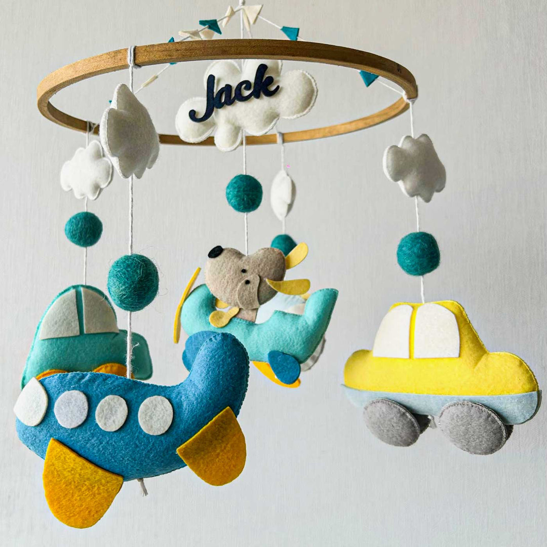 Personalised Handmade Wings & Wheels Wonderland Felt Cot Mobile For Newborns