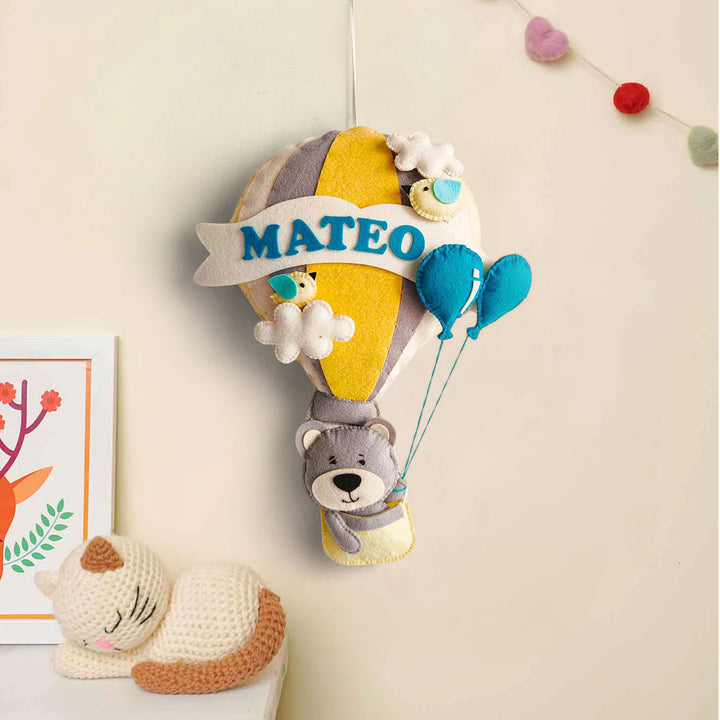 Personalized Grey Teddy In A Hot Air Balloon Theme Felt Kids Name Plate