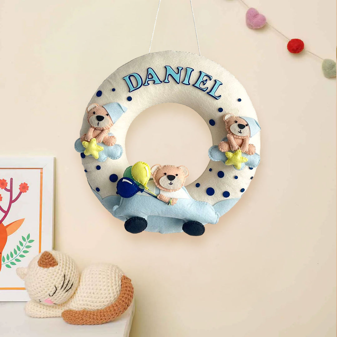 Personalized Teddy On A Car Theme Felt Kids Name Plate