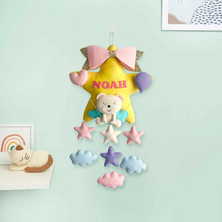 Personalized Teddy On A Star Theme Felt Kids Name Plate