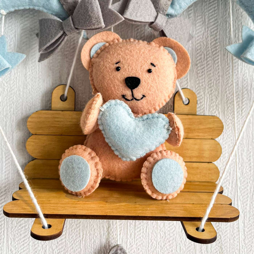 Personalized Blue Teddy On A Swing Theme Felt Kids Name Plate