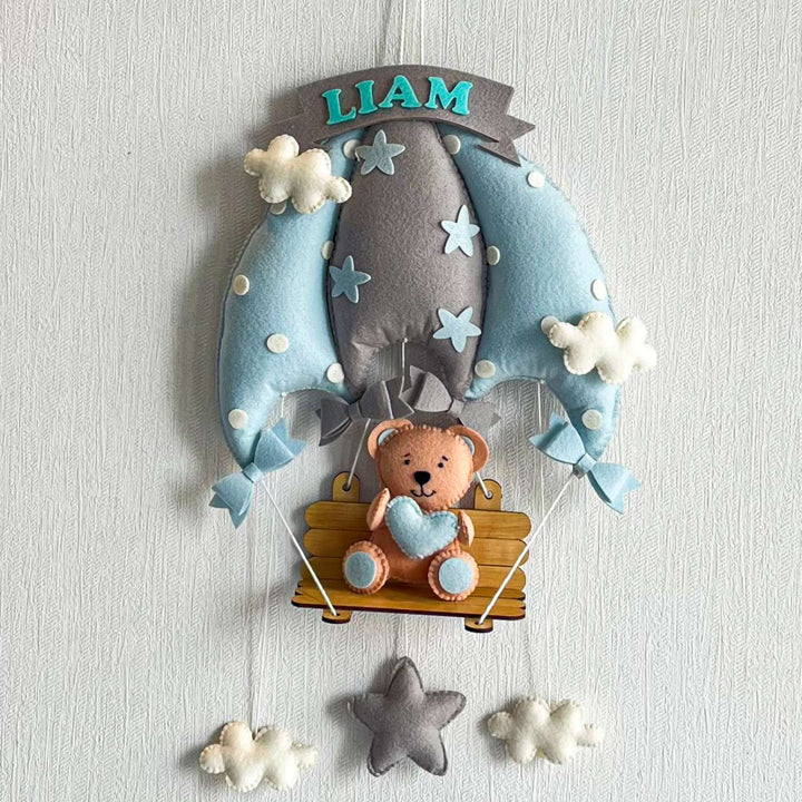 Personalized Blue Teddy On A Swing Theme Felt Kids Name Plate