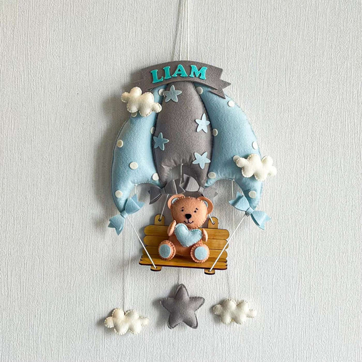 Personalized Blue Teddy On A Swing Theme Felt Kids Name Plate