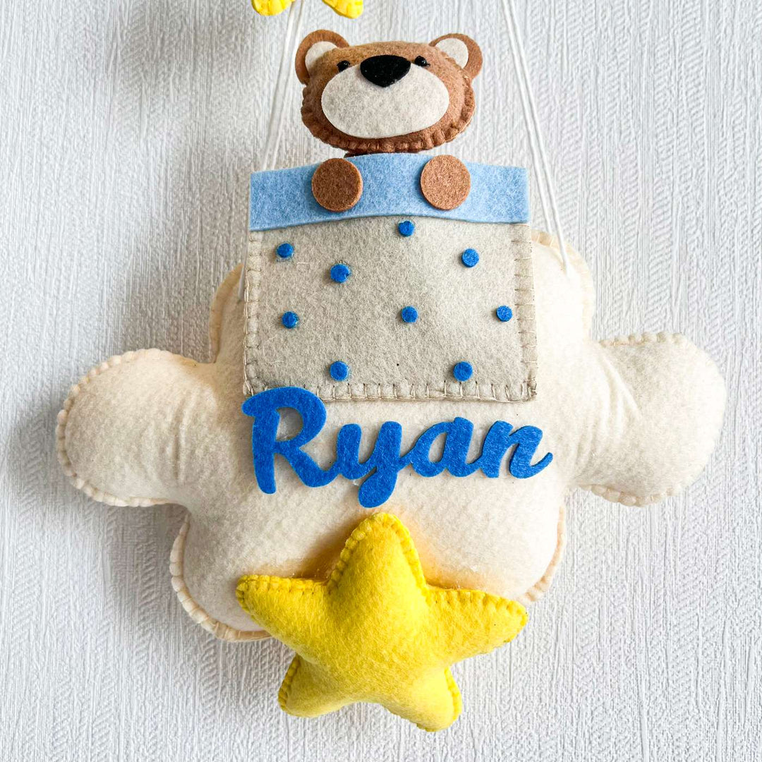 Personalized Brown Teddy In A Hot Air Balloon Theme Felt Kids Name Plate