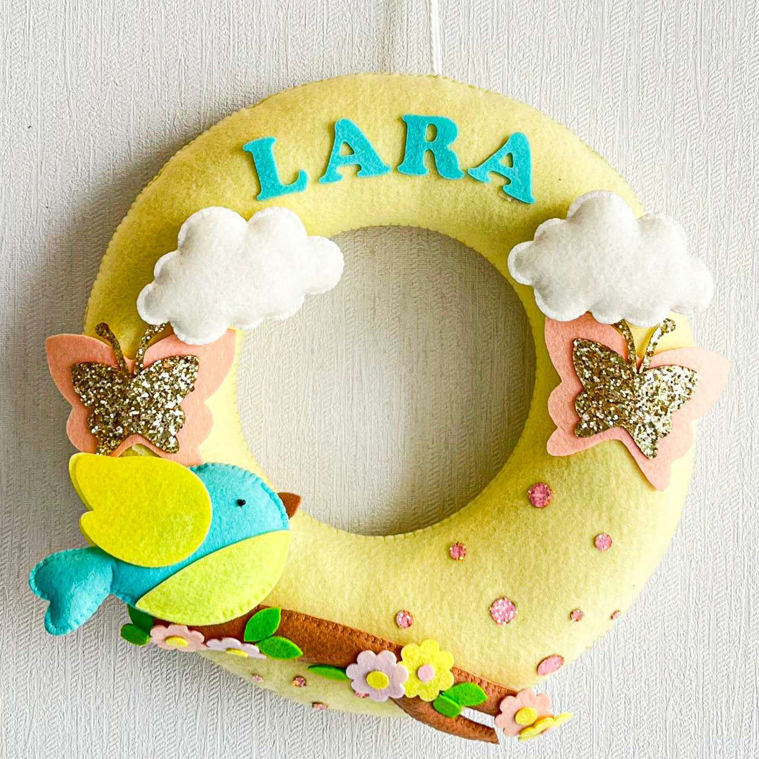 Personalized Chirping Songbird & Butterfly Theme Felt Kids Name Plate